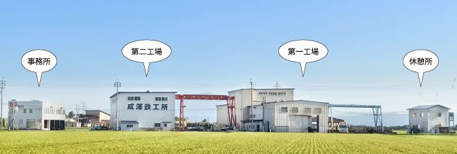 成澤鉄工所は、「事務所」「第一工場」「第一工場」「第二工場」「休憩所」の4つの建物からなっています。